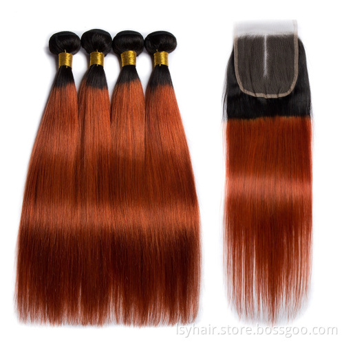 Sexy Lady Ombre 1B/ 350 Golden Blonde Orange Color Brazilian Straight Virgin Human Hair 3 Bundles With Middle Part Lace Closure